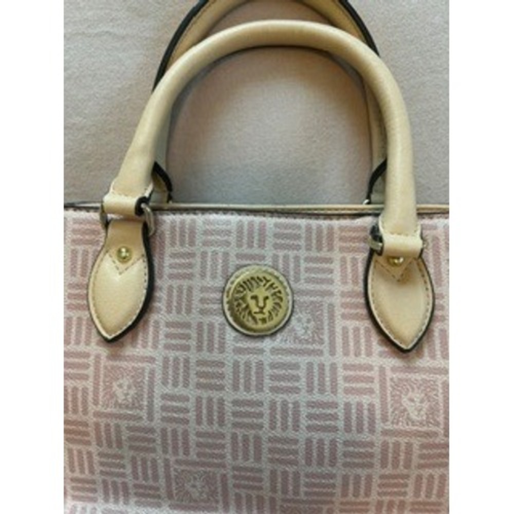 Anne Klein Satchel Handbag Pink Cream Logo Print Lion Medallion Top Handle Bag